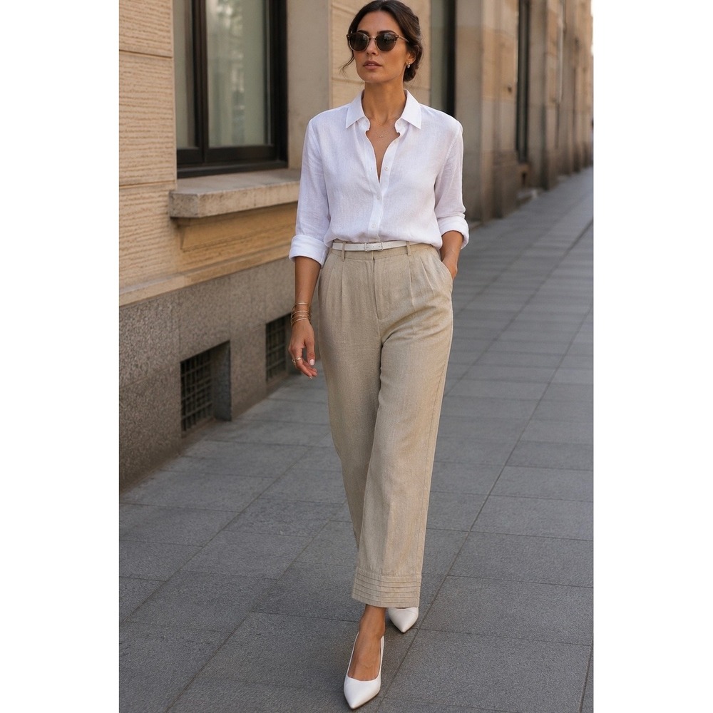 JSong Collection Tan 100% Linen Pleated High Rise Straight Leg Trousers Size 14